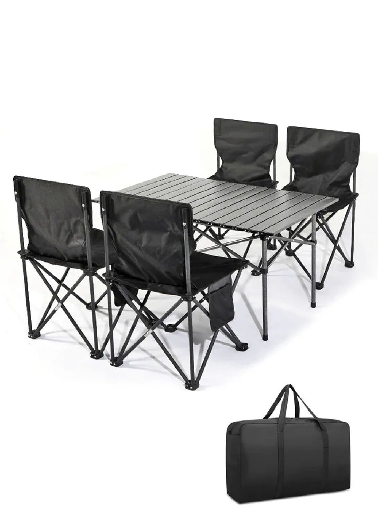 5PCs Outdoor Folding Table & Chair Set Portable Carbon Steel Table & Oxford 4 Backrest Chairs Picnic Barbecue Camping Equipment Supplies - Black