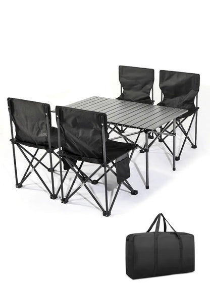 5PCs Outdoor Folding Table & Chair Set Portable Carbon Steel Table & Oxford 4 Backrest Chairs Picnic Barbecue Camping Equipment Supplies - Black