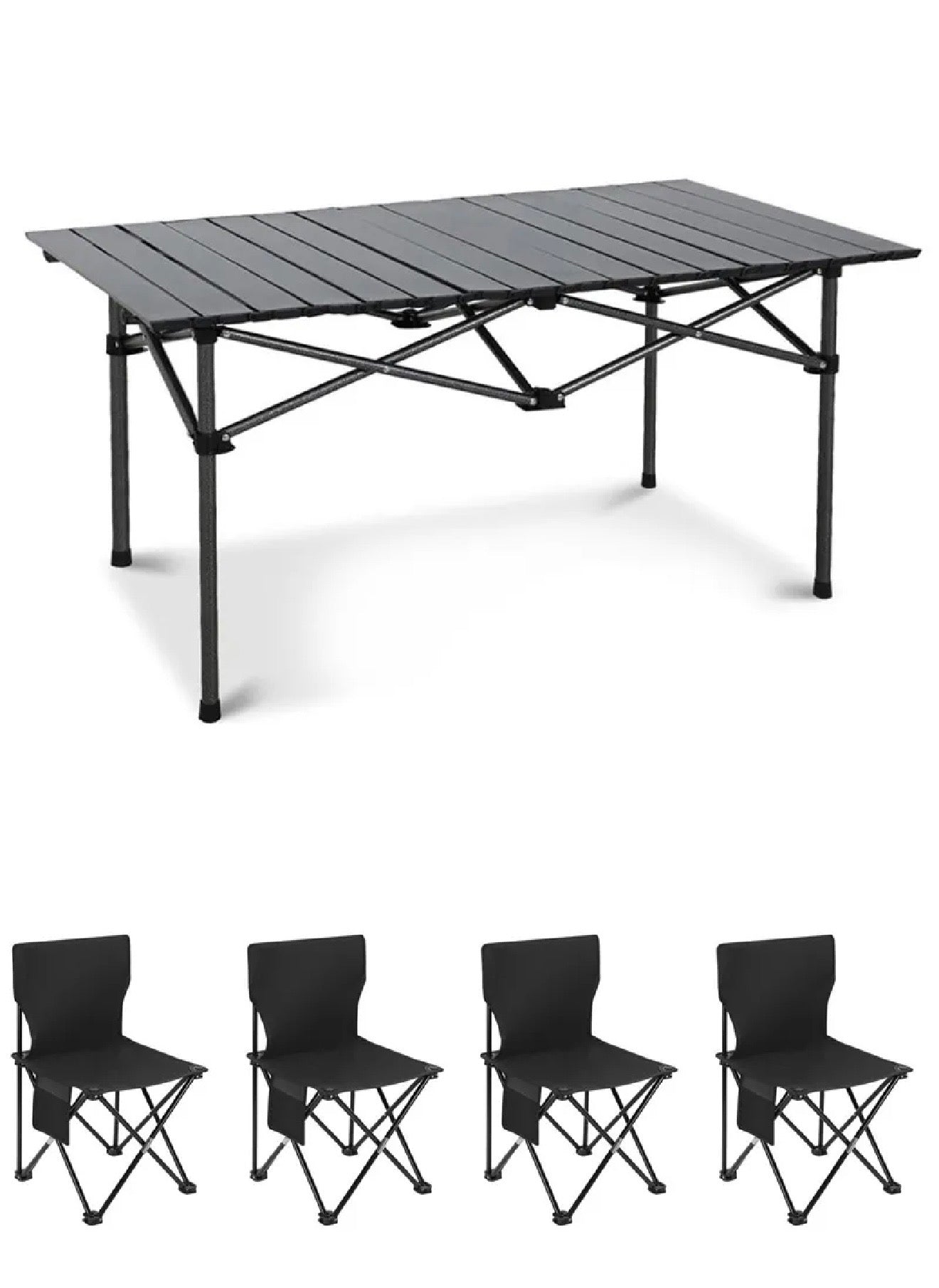 5PCs Outdoor Folding Table & Chair Set Portable Carbon Steel Table & Oxford 4 Backrest Chairs Picnic Barbecue Camping Equipment Supplies - Black