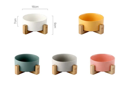 Ceramic Cat Dishes with Bamboo Stand