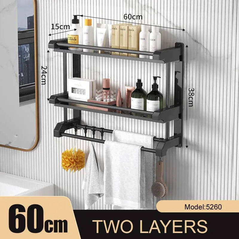 Double Layers Stainless Steel Matte Black Wall Mounted Shower  Storage Shelf